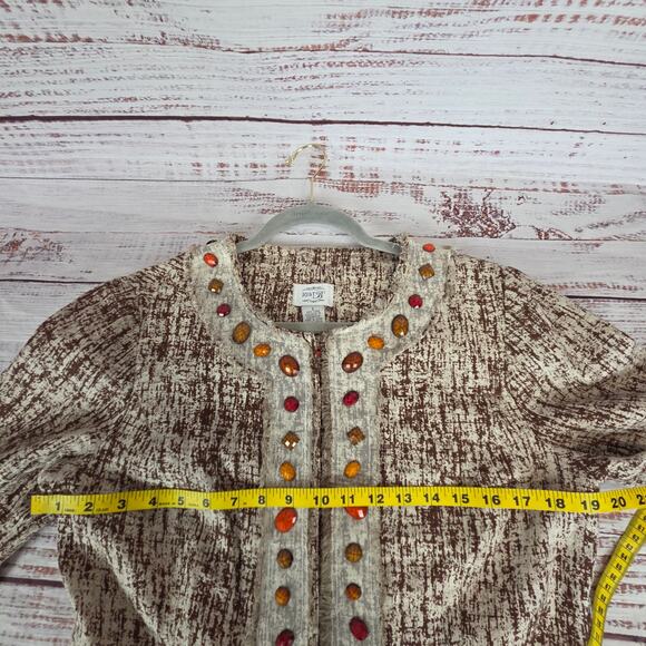Just B Linen Fringe Blazer L Bohemian Jewel Beaded Mesh Lace Snap Closure Jacket - Picture 8 of 11